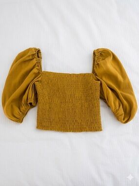 Zara Mustard Puff-Sleeve Smocked Crop Top